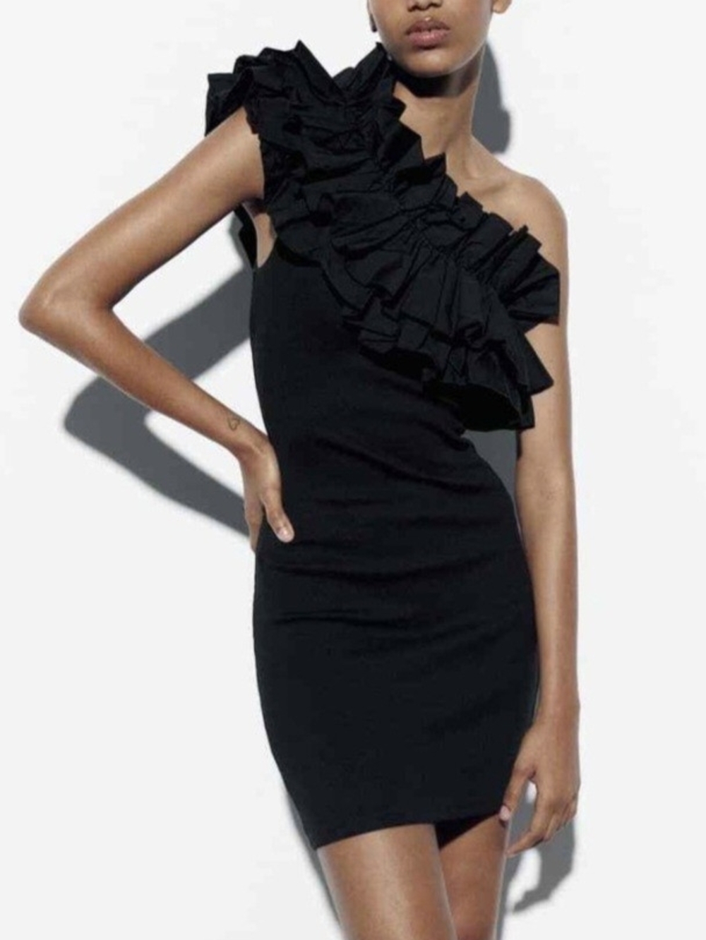 Zara Black One-Shoulder Ruffle Mini Dress